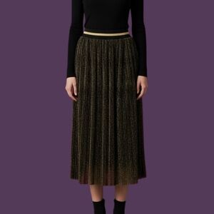 REVEUSE Black Gold Metallic Mesh Panel Midi Holiday Skirt Large